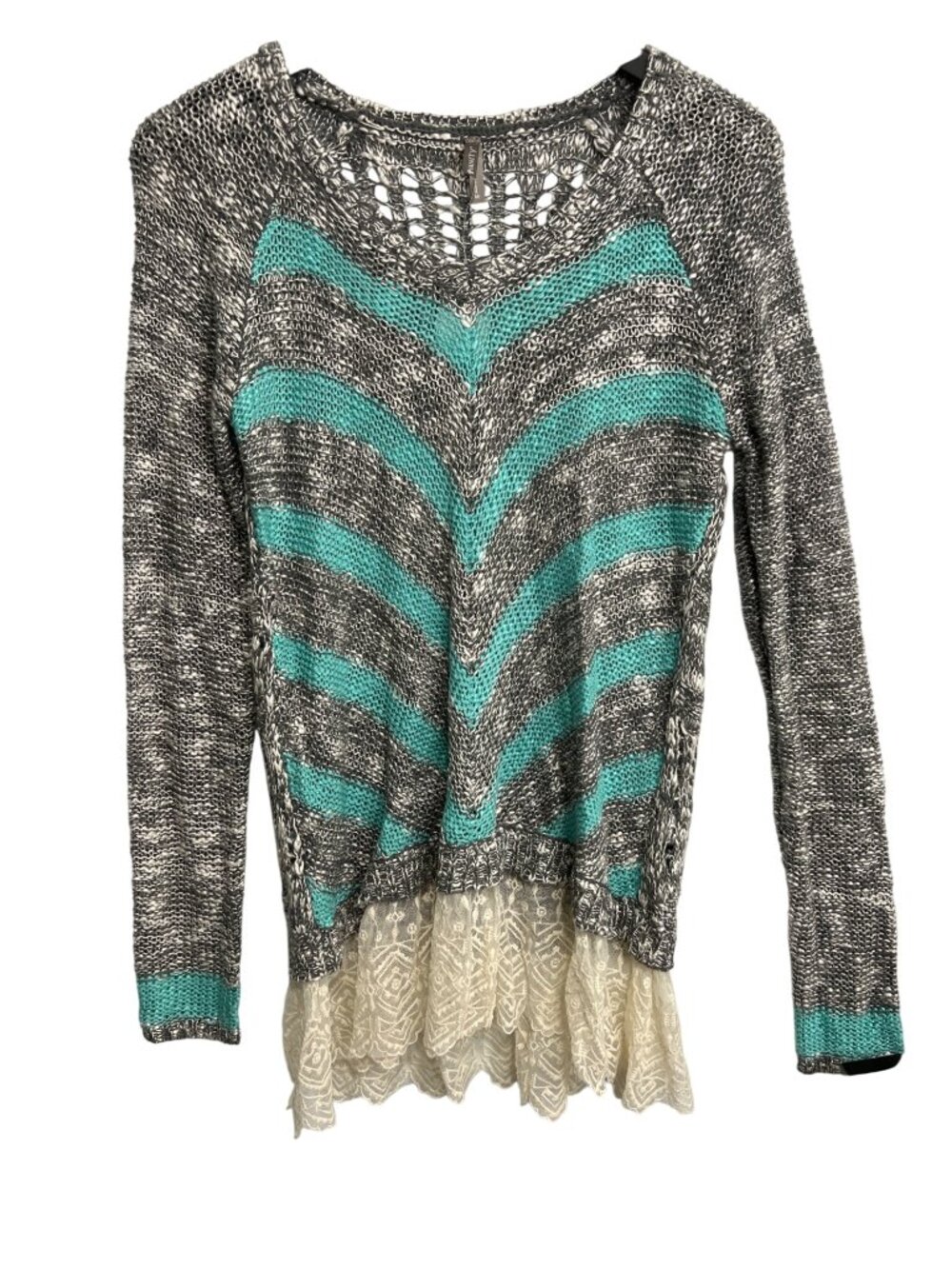 Vanity Sweater Medium Open Knit Long Sleeve Lace Trim Chevron Gray Aqua Cozy NEW